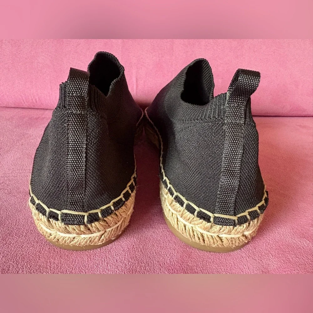 Prada Calzature Donna Black Knit Cotton Espadrille Shoes Slip On Jute Trim 37.5